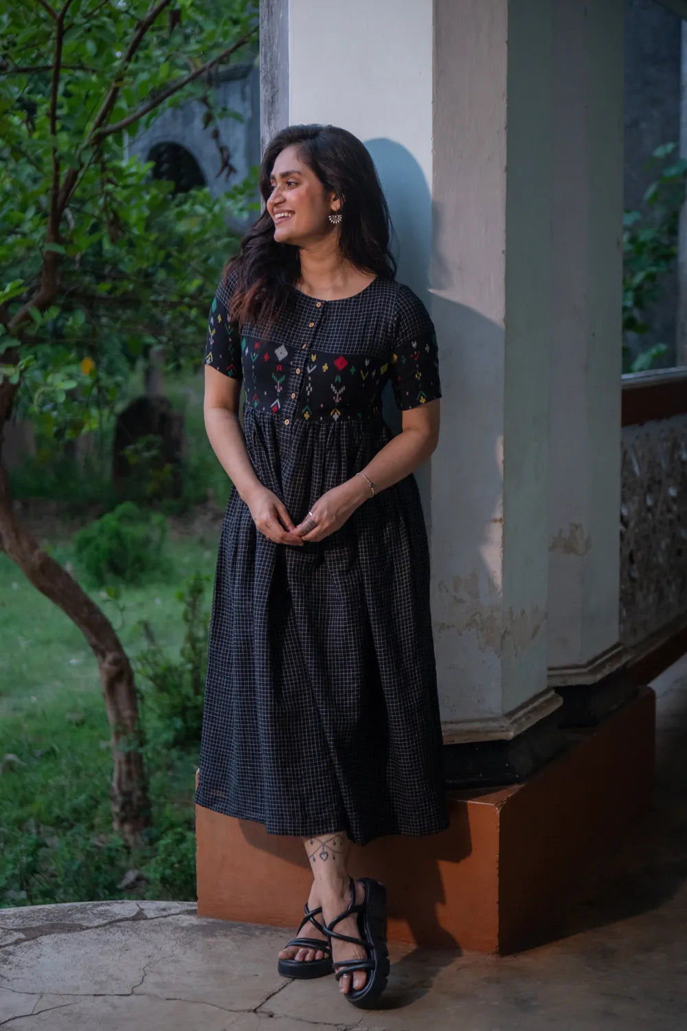 Checkmate Handwoven Pure Cotton Jamdani Dress | SHOBITAM