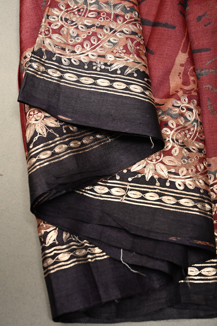 Red Pure Tussar Silk Saree with Ajrakh Handblock Print and Pitta work Embroidery Border | SILK MARK CERTIFIED | SHOBITAM