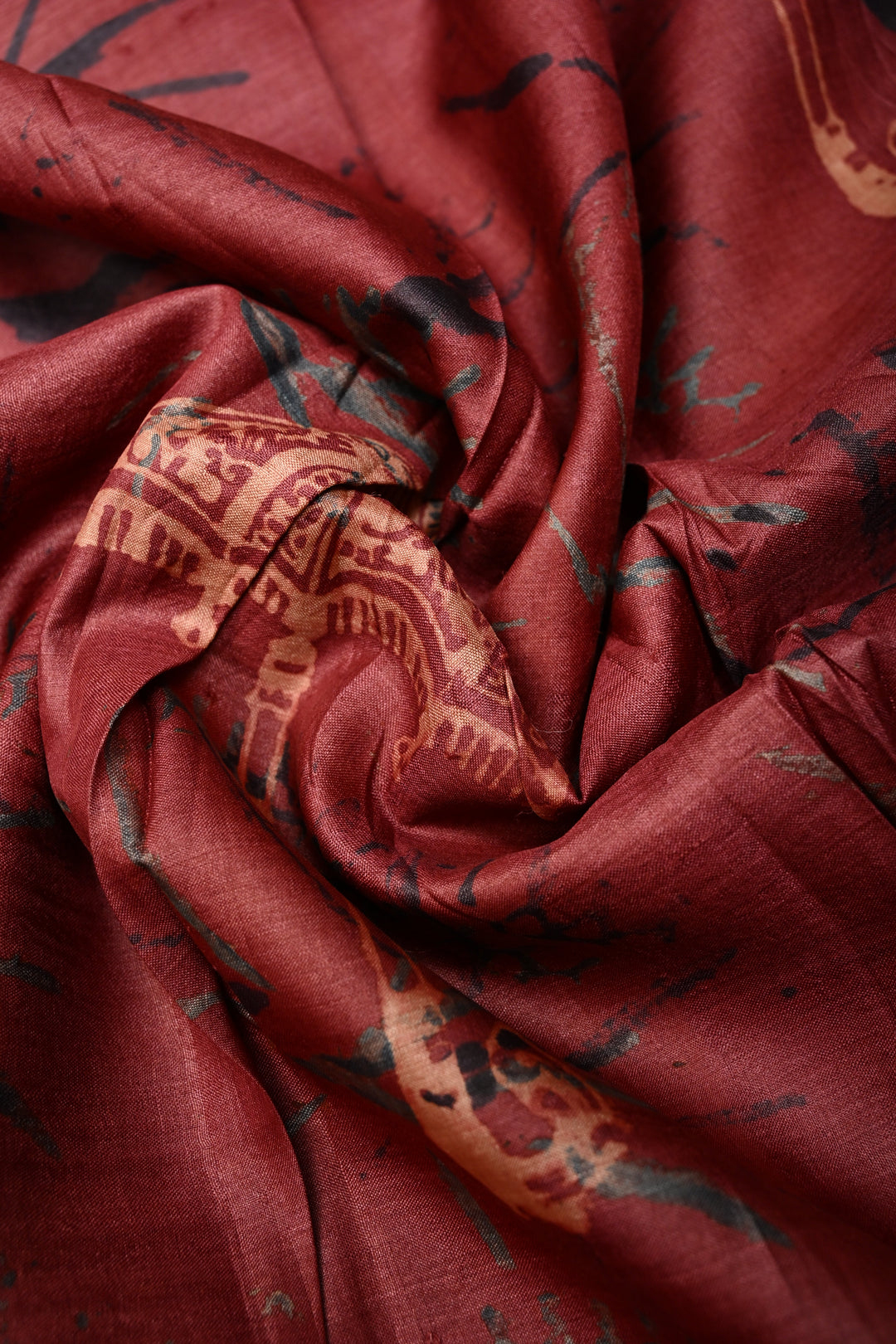Red Pure Tussar Silk Saree with Ajrakh Handblock Print and Pitta work Embroidery Border | SILK MARK CERTIFIED | SHOBITAM