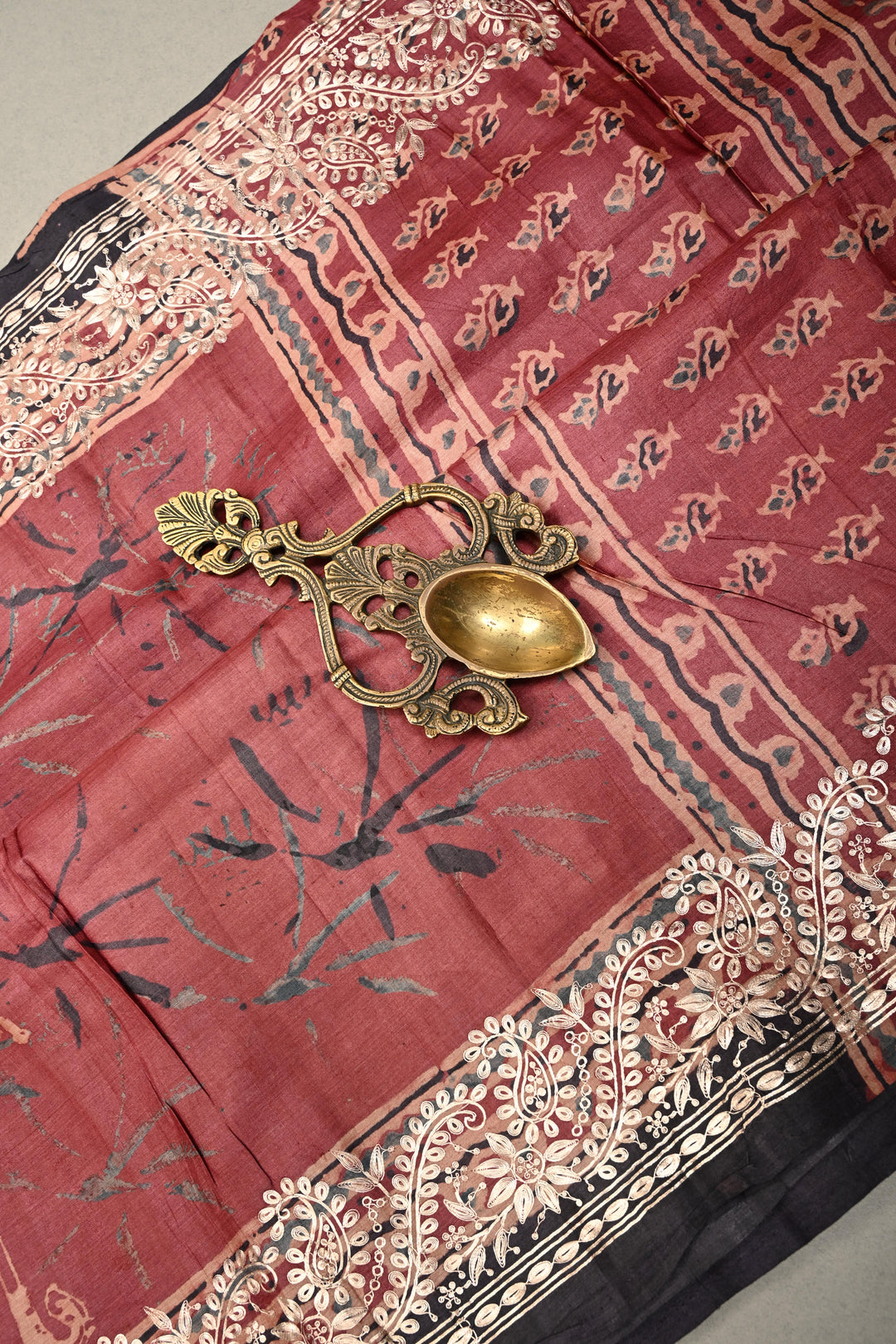 Red Pure Tussar Silk Saree with Ajrakh Handblock Print and Pitta work Embroidery Border | SILK MARK CERTIFIED | SHOBITAM