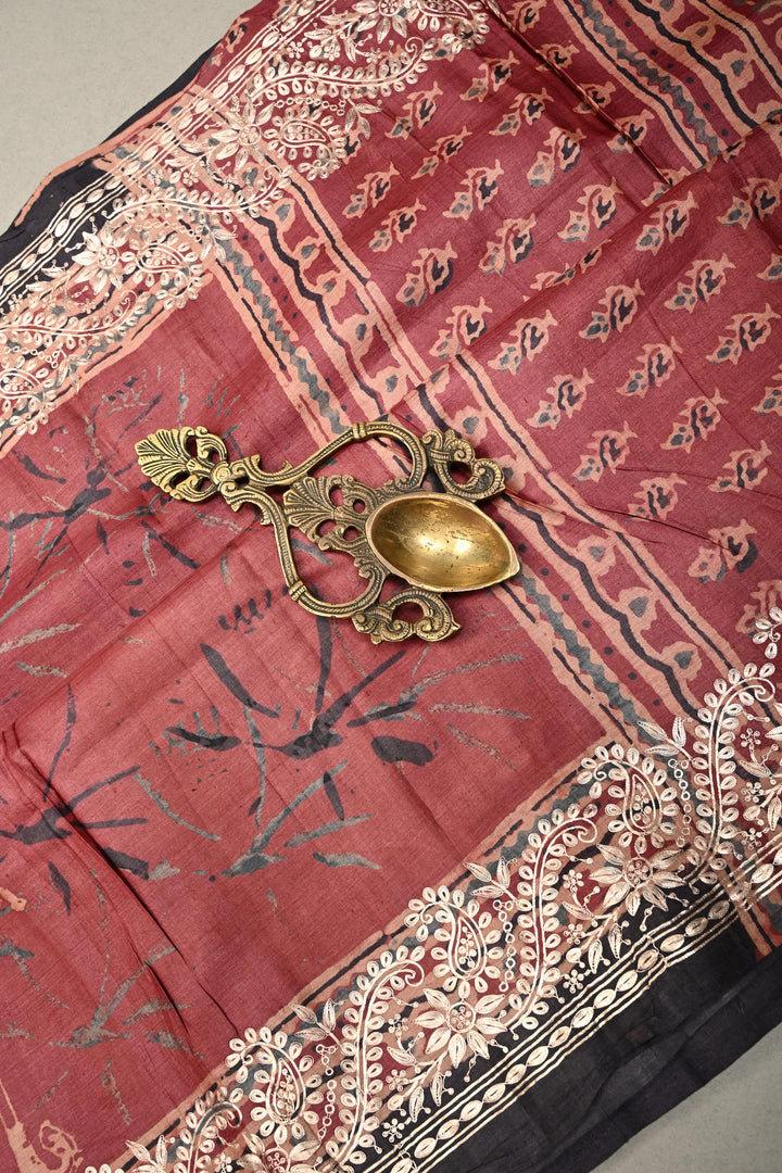 Red Pure Tussar Silk Saree with Ajrakh Handblock Print and Pitta work Embroidery Border | SILK MARK CERTIFIED | SHOBITAM