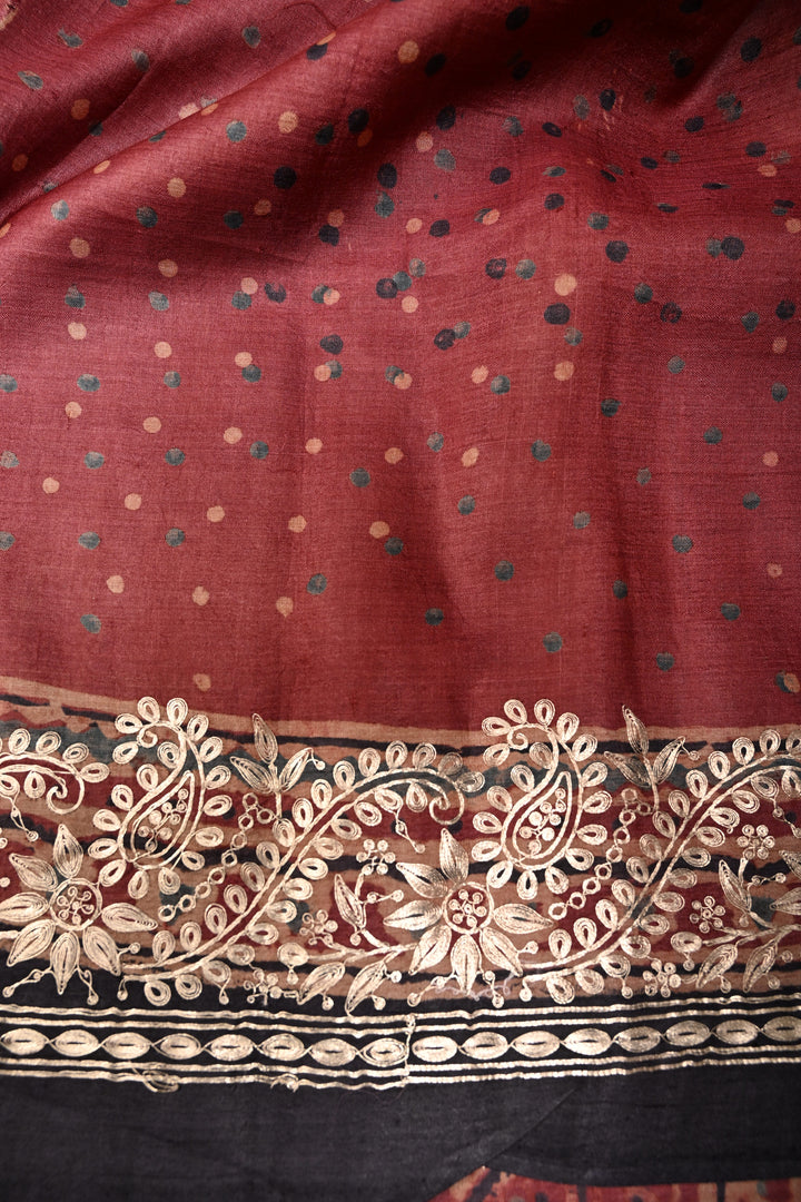 Red Pure Tussar Silk Saree with Ajrakh Handblock Print and Pitta work Embroidery Border | SILK MARK CERTIFIED | SHOBITAM