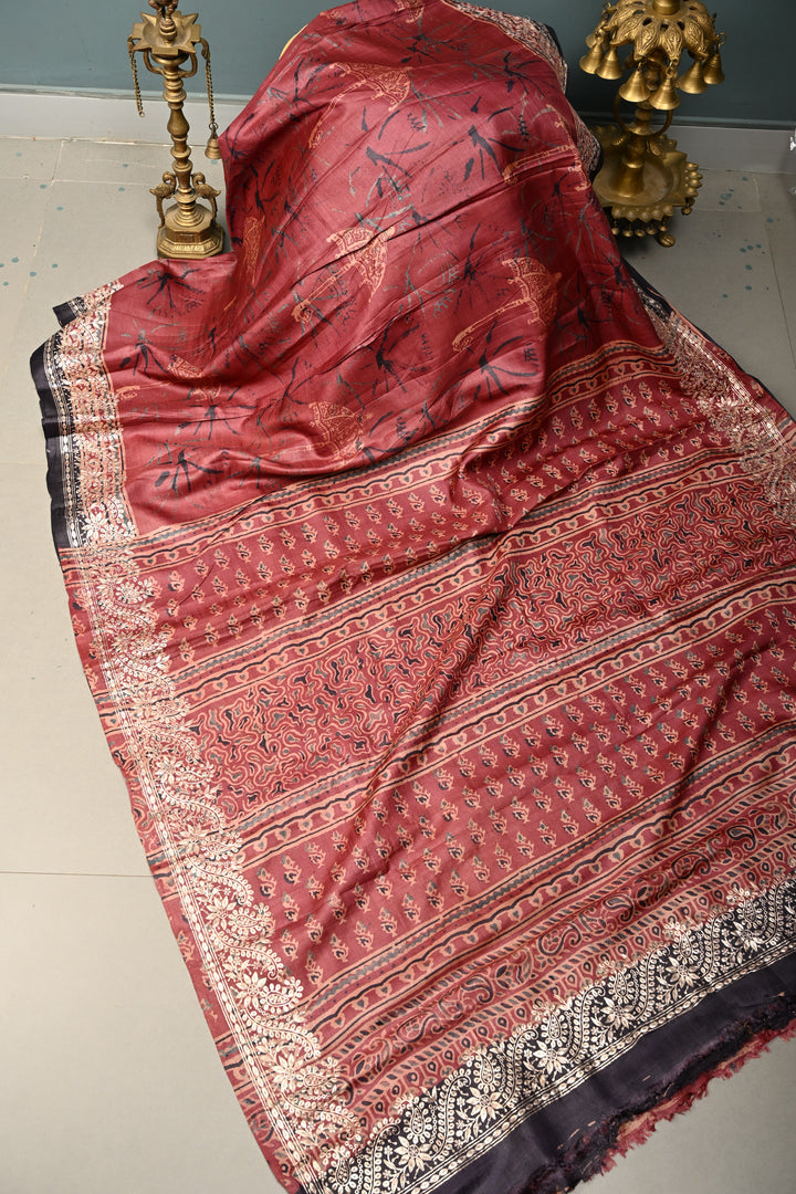 Red Pure Tussar Silk Saree with Ajrakh Handblock Print and Pitta work Embroidery Border | SILK MARK CERTIFIED | SHOBITAM