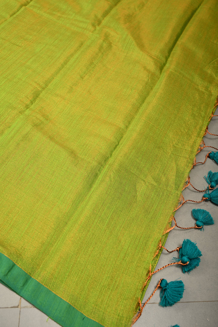 Lime Green Tissue Cotton Saree with Miniaml Border , No Blouse Piece | SHOBITAM