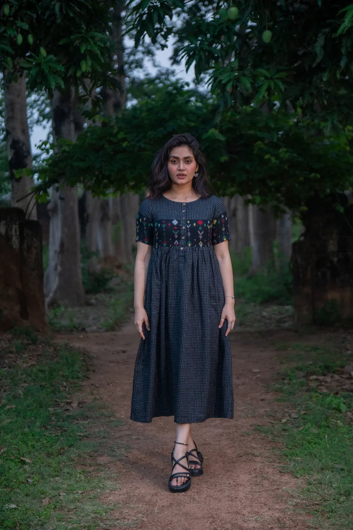 Checkmate Handwoven Pure Cotton Jamdani Dress | SHOBITAM