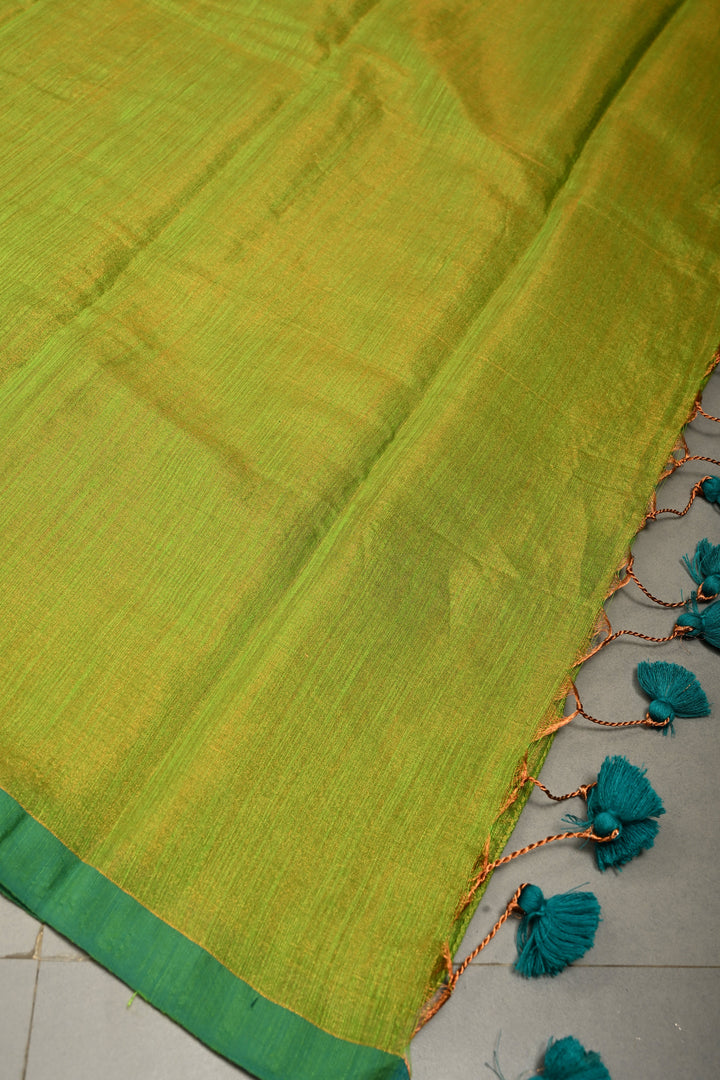 Lime Green Tissue Cotton Saree with Miniaml Border , No Blouse Piece | SHOBITAM