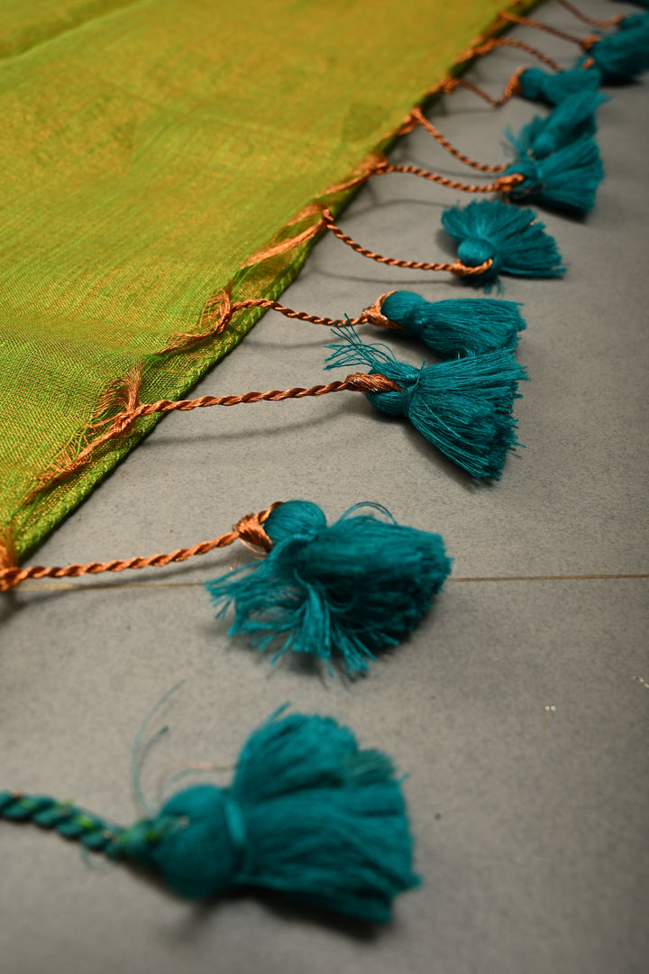Lime Green Tissue Cotton Saree with Miniaml Border , No Blouse Piece | SHOBITAM