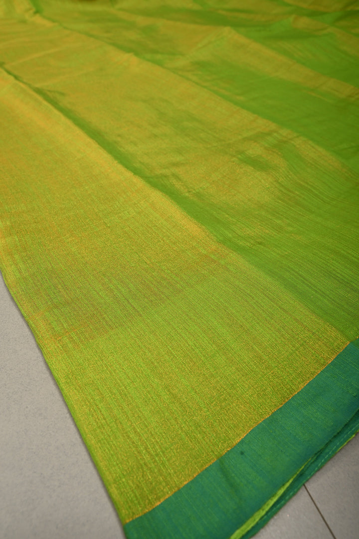 Lime Green Tissue Cotton Saree with Miniaml Border , No Blouse Piece | SHOBITAM