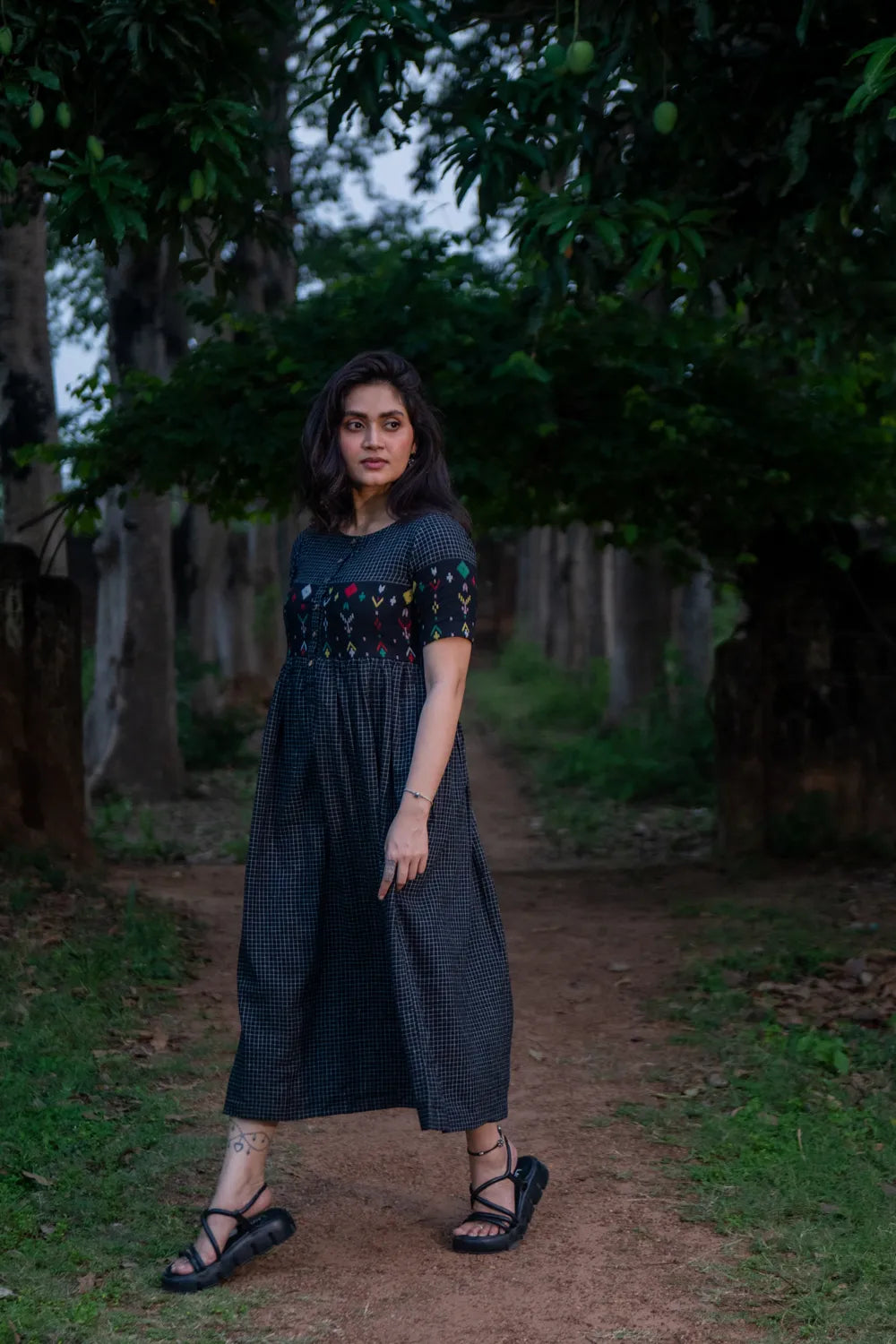 Checkmate Handwoven Pure Cotton Jamdani Dress | SHOBITAM