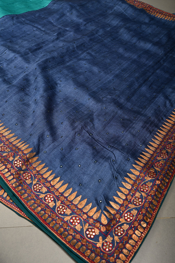 Peacock Blue Pure Tussar Silk Saree with Hand Disk Mirror Work and Pitta work Embroidery Border | SILK MARK CERTIFIED | SHOBITAM