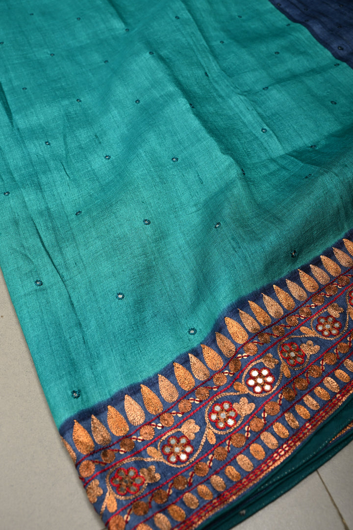 Peacock Blue Pure Tussar Silk Saree with Hand Disk Mirror Work and Pitta work Embroidery Border | SILK MARK CERTIFIED | SHOBITAM