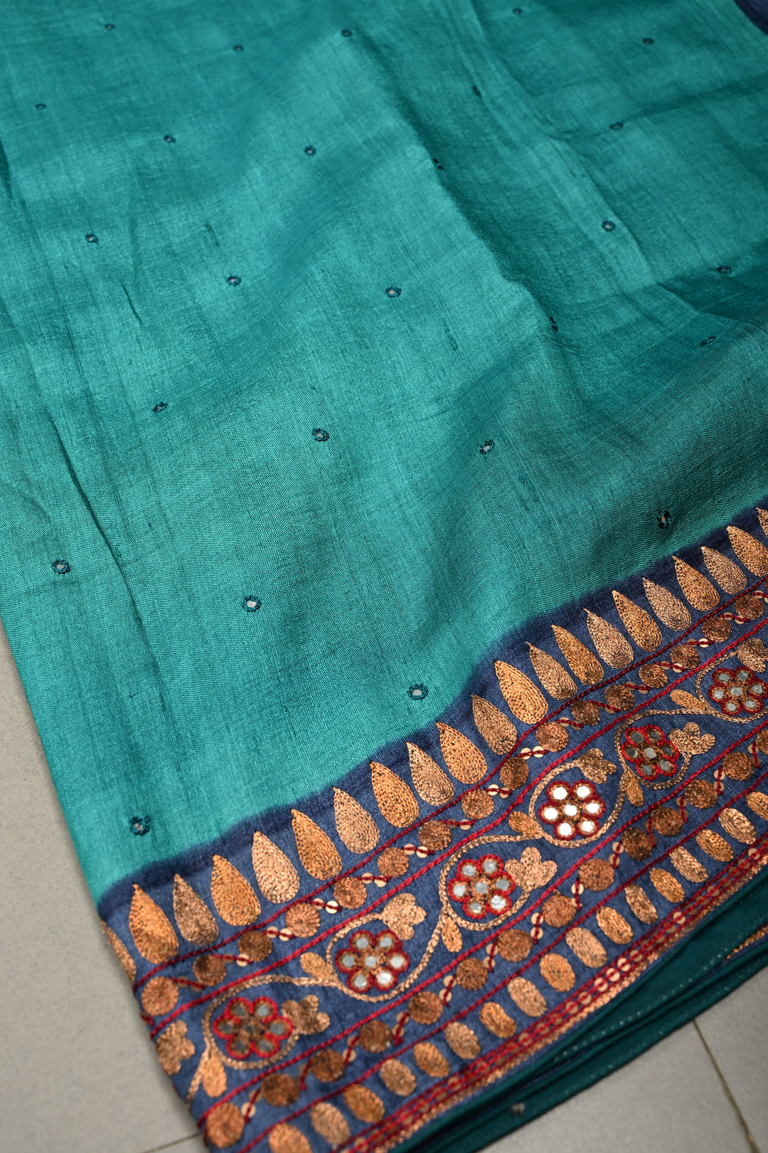 Peacock Blue Pure Tussar Silk Saree with Hand Disk Mirror Work and Pitta work Embroidery Border | SILK MARK CERTIFIED | SHOBITAM