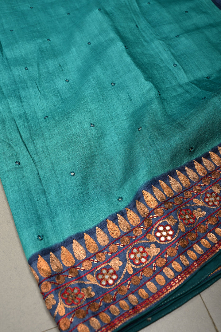 Peacock Blue Pure Tussar Silk Saree with Hand Disk Mirror Work and Pitta work Embroidery Border | SILK MARK CERTIFIED | SHOBITAM