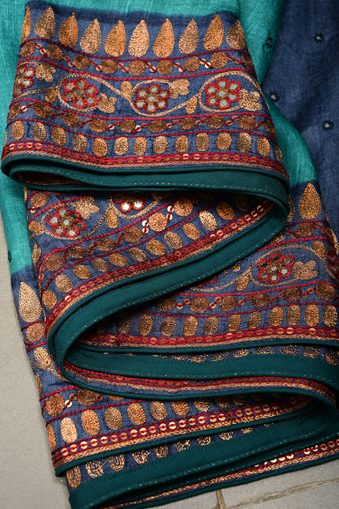 Peacock Blue Pure Tussar Silk Saree with Hand Disk Mirror Work and Pitta work Embroidery Border | SILK MARK CERTIFIED | SHOBITAM