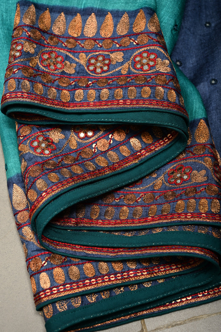 Peacock Blue Pure Tussar Silk Saree with Hand Disk Mirror Work and Pitta work Embroidery Border | SILK MARK CERTIFIED | SHOBITAM