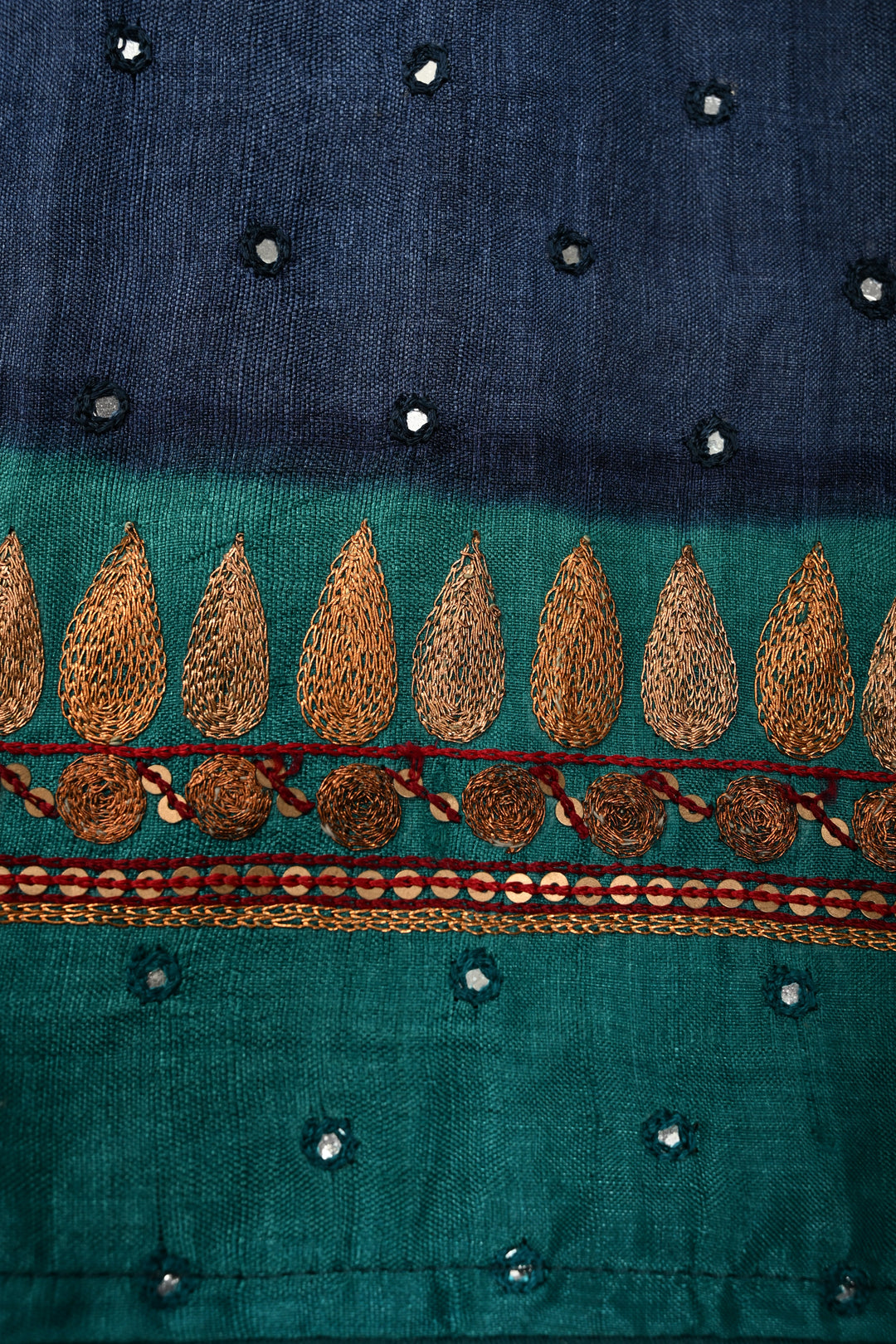 Peacock Blue Pure Tussar Silk Saree with Hand Disk Mirror Work and Pitta work Embroidery Border | SILK MARK CERTIFIED | SHOBITAM