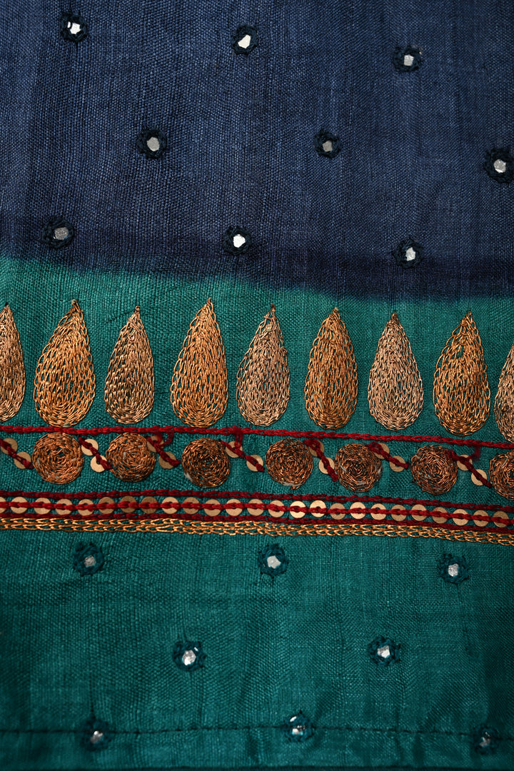 Peacock Blue Pure Tussar Silk Saree with Hand Disk Mirror Work and Pitta work Embroidery Border | SILK MARK CERTIFIED | SHOBITAM