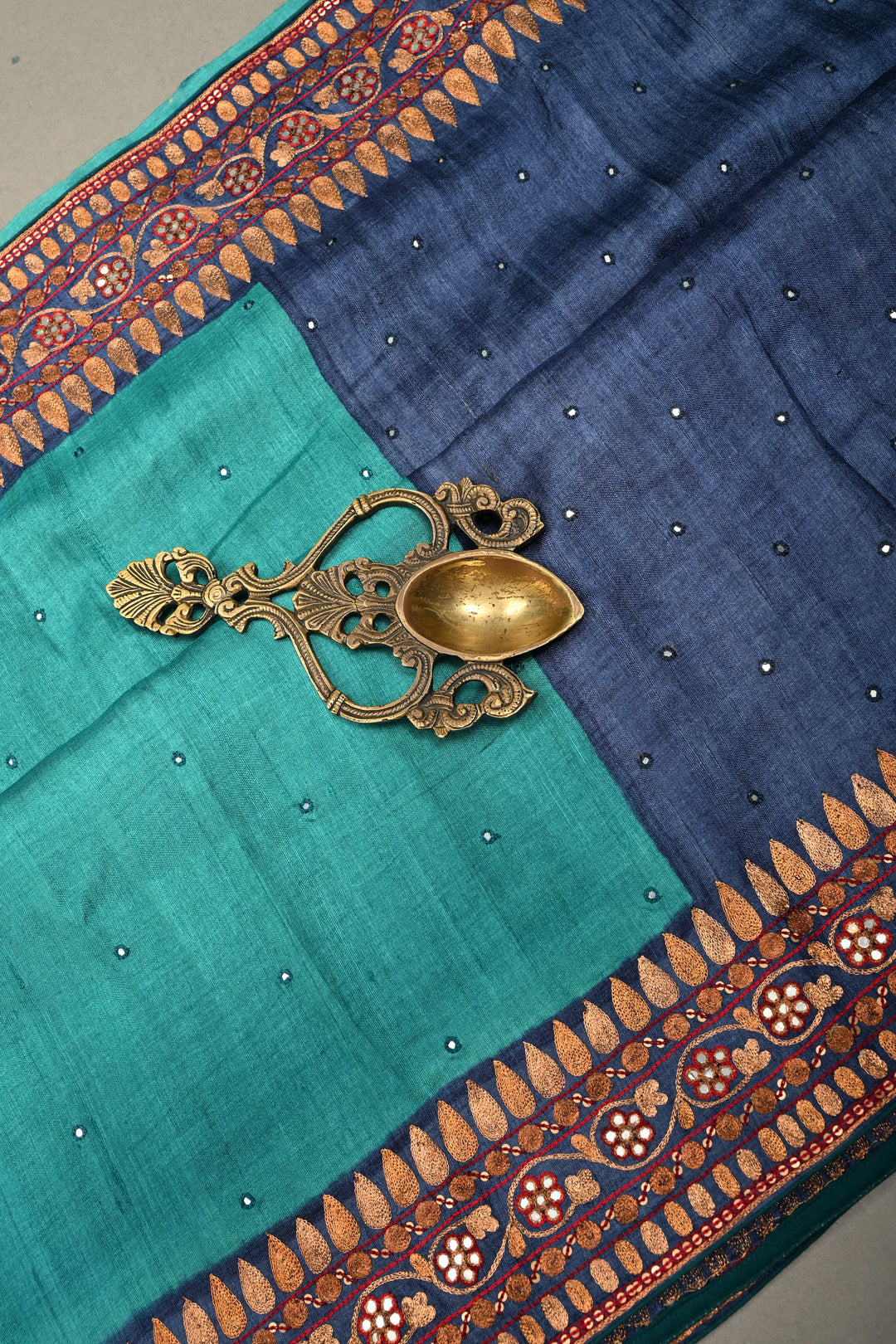 Peacock Blue Pure Tussar Silk Saree with Hand Disk Mirror Work and Pitta work Embroidery Border | SILK MARK CERTIFIED | SHOBITAM