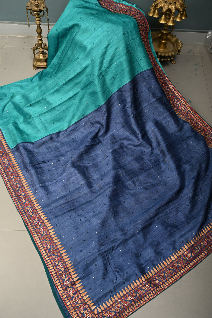 Peacock Blue Pure Tussar Silk Saree with Hand Disk Mirror Work and Pitta work Embroidery Border | SILK MARK CERTIFIED | SHOBITAM