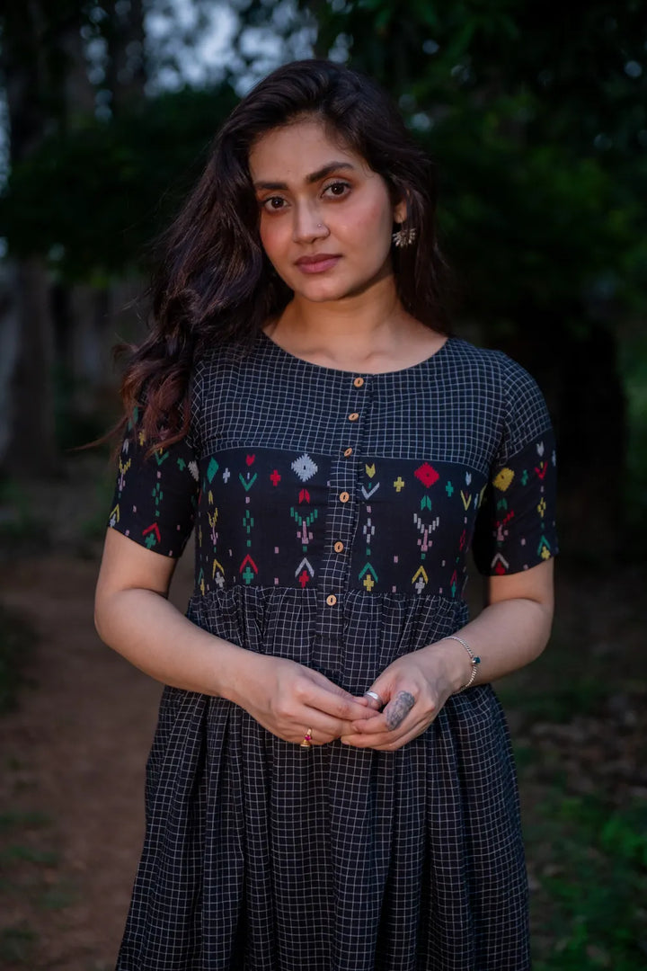 Checkmate Handwoven Pure Cotton Jamdani Dress | SHOBITAM