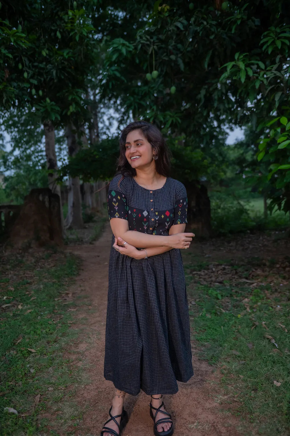 Checkmate Handwoven Pure Cotton Jamdani Dress | SHOBITAM