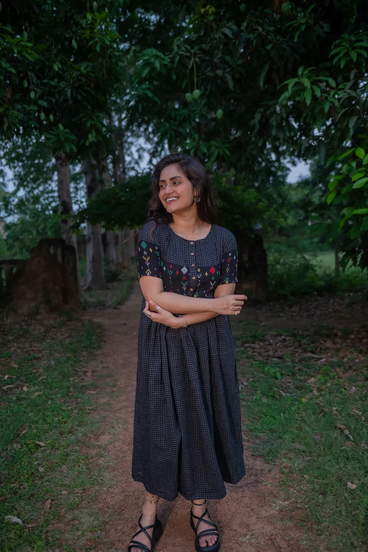 Checkmate Handwoven Pure Cotton Jamdani Dress | SHOBITAM
