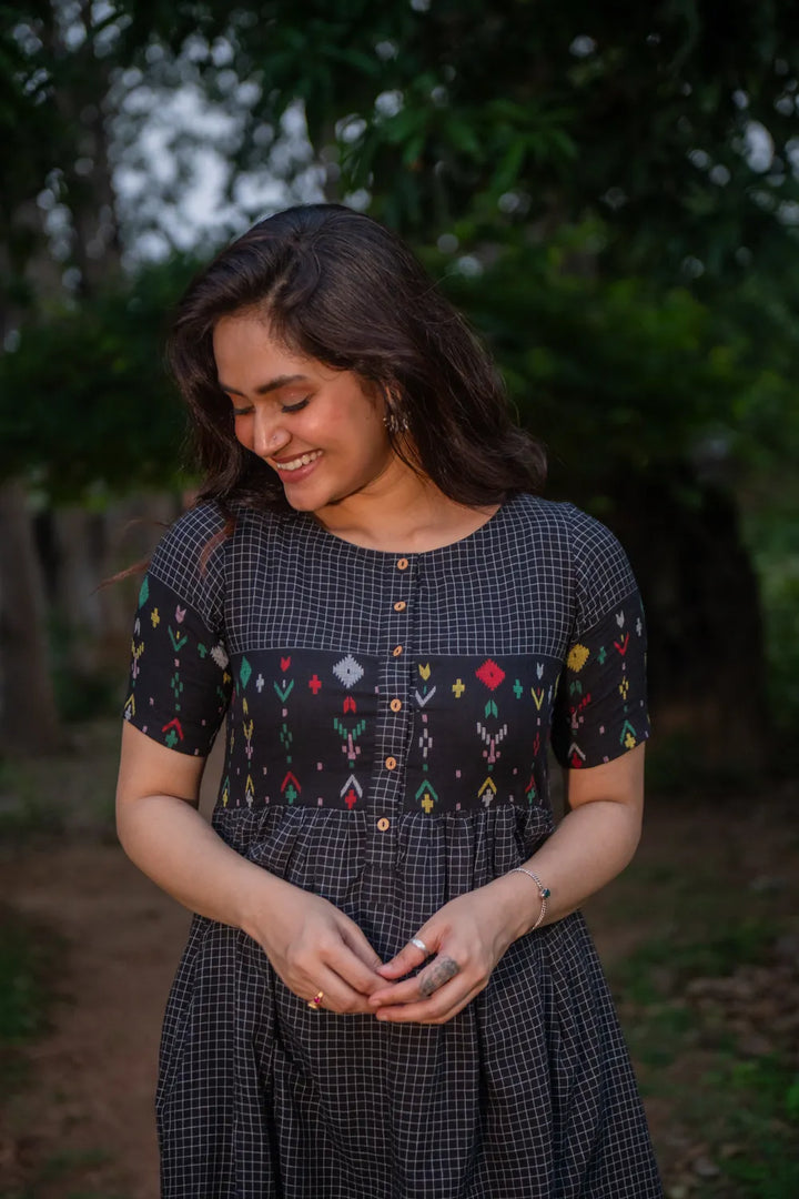 Checkmate Handwoven Pure Cotton Jamdani Dress | SHOBITAM