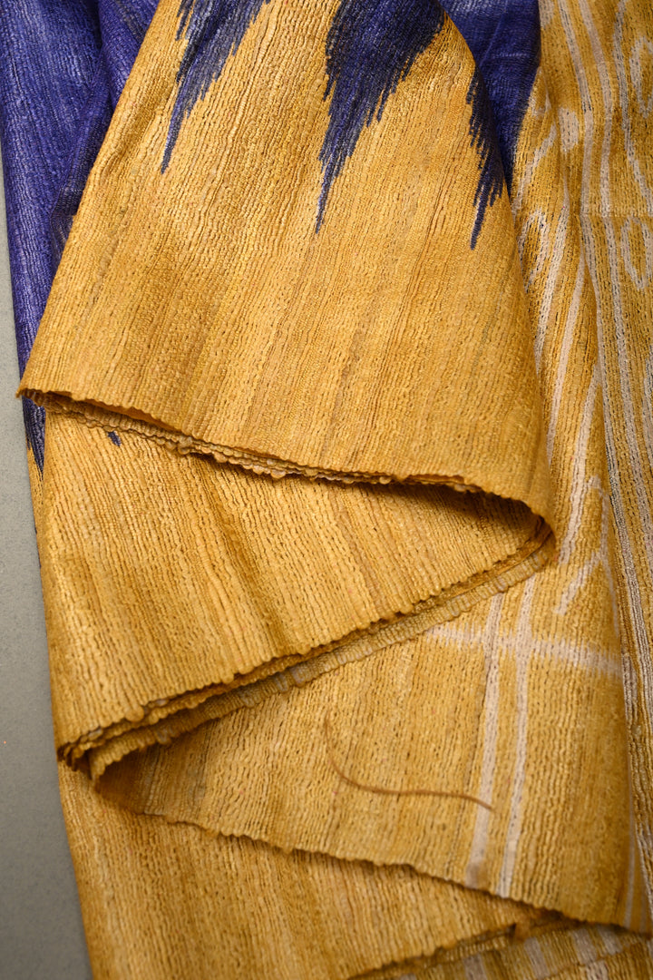 Ink Blue Geecha Tussar Silk Saree With Contrast Temple Border | SILK MARK CERTIFIED | SHOBITAM