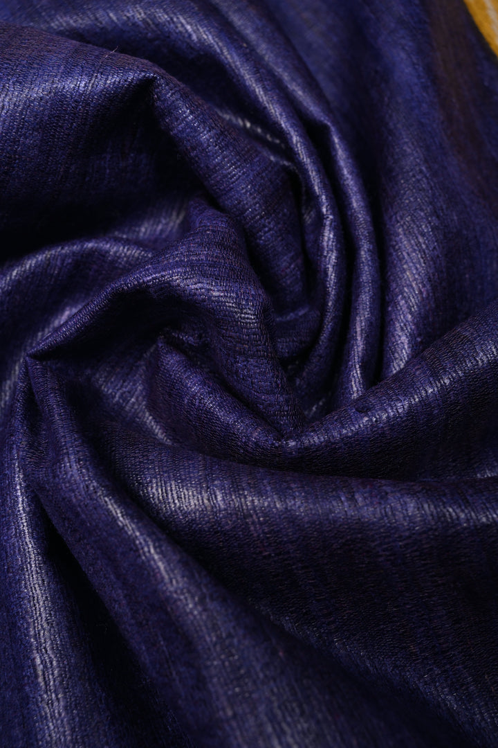 Ink Blue Geecha Tussar Silk Saree With Contrast Temple Border | SILK MARK CERTIFIED | SHOBITAM