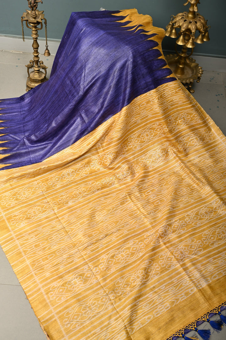 Ink Blue Geecha Tussar Silk Saree With Contrast Temple Border | SILK MARK CERTIFIED | SHOBITAM