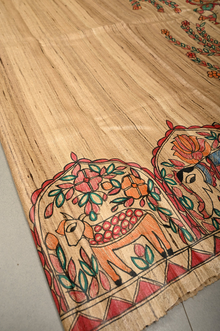 Kora Color Pure Handloom Tussar Hand Painted Madhubani Saree with Border | SILK MARK CERTIFIED | SHOBITAM