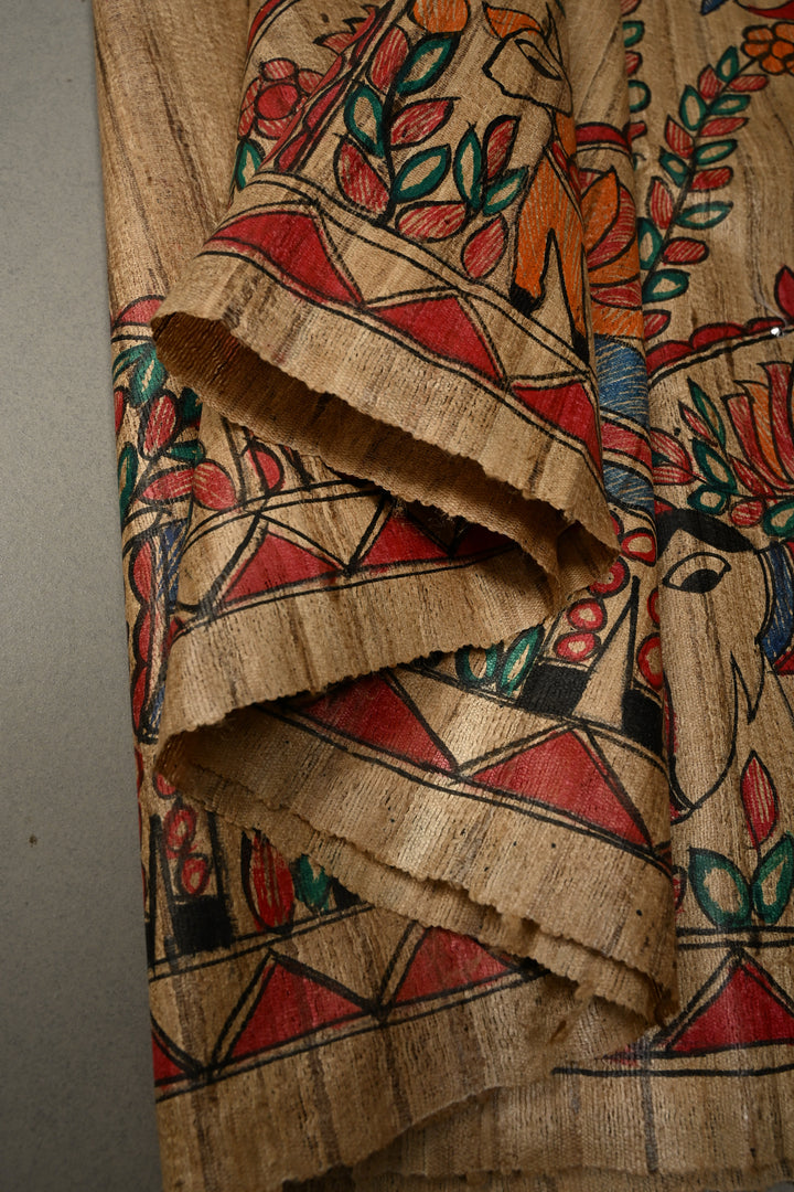 Kora Color Pure Handloom Tussar Hand Painted Madhubani Saree with Border | SILK MARK CERTIFIED | SHOBITAM