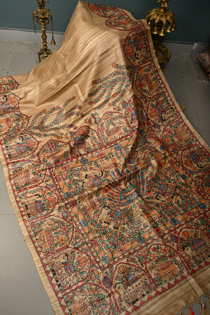 Kora Color Pure Handloom Tussar Hand Painted Madhubani Saree with Border | SILK MARK CERTIFIED | SHOBITAM