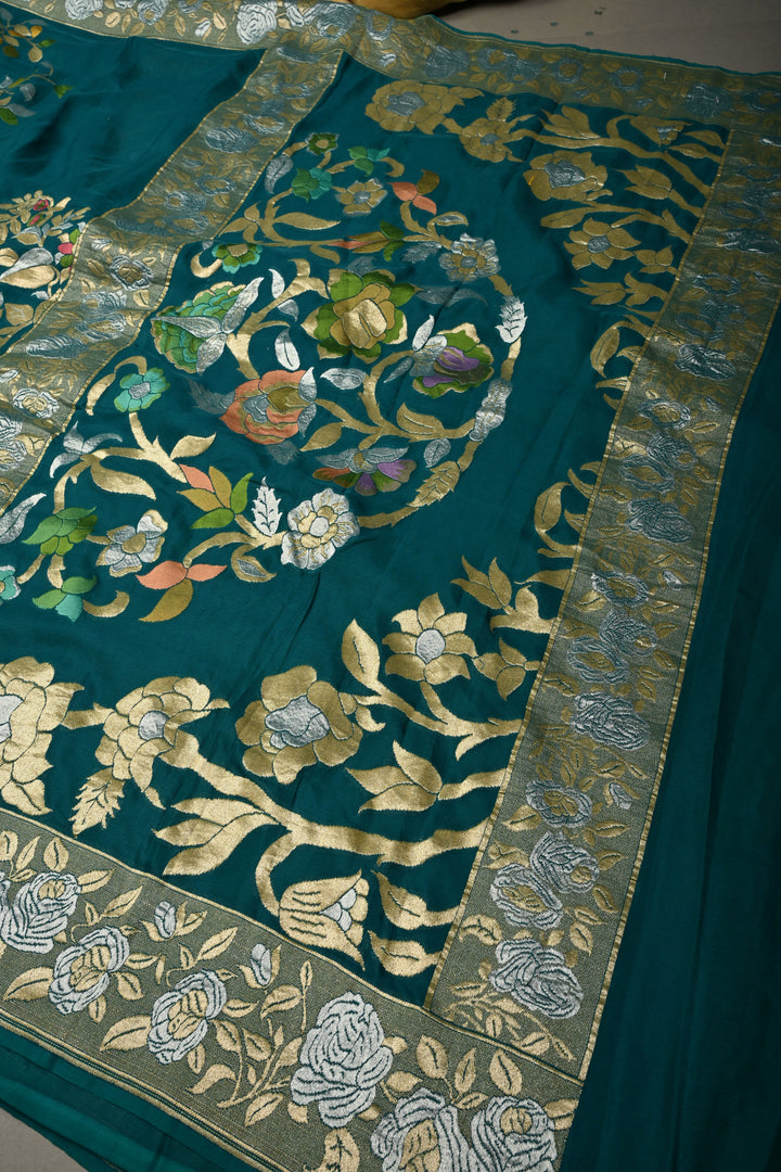 Rama Green Pure Silk Banarasi Georgette Saree with Meenakari Tree Of Life Brocade and Zari Border | SILK MARK CERTIFIED | SHOBITAM