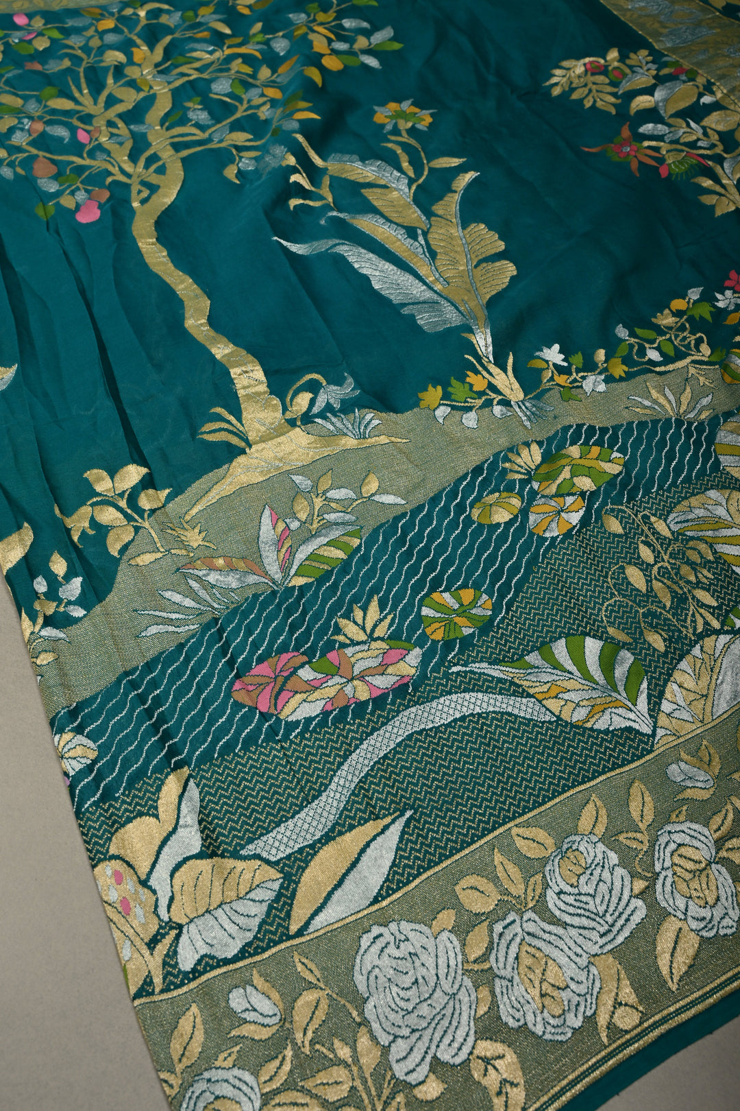Rama Green Pure Silk Banarasi Georgette Saree with Meenakari Tree Of Life Brocade and Zari Border | SILK MARK CERTIFIED | SHOBITAM