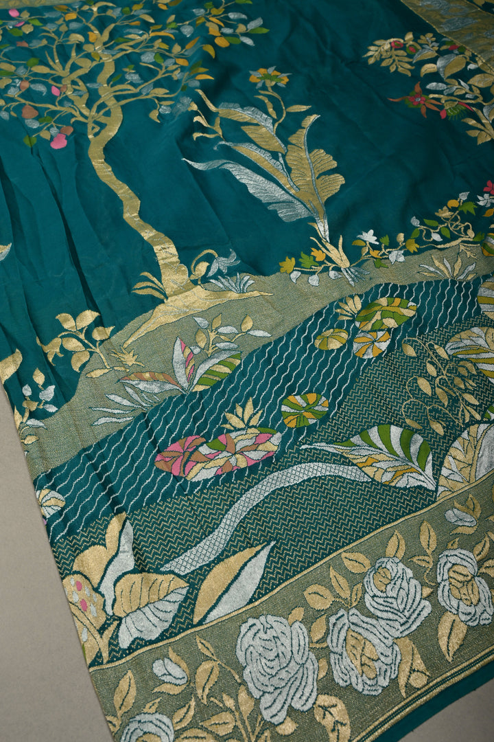 Rama Green Pure Silk Banarasi Georgette Saree with Meenakari Tree Of Life Brocade and Zari Border | SILK MARK CERTIFIED | SHOBITAM