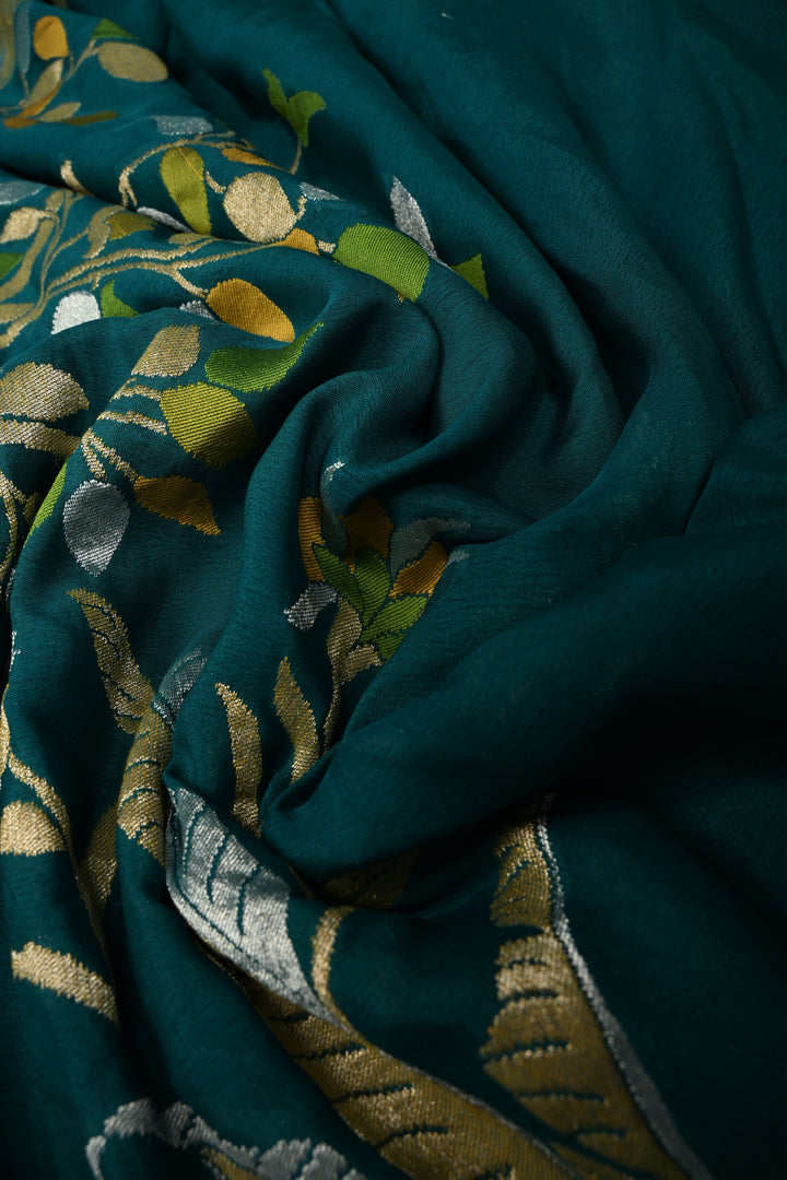 Rama Green Pure Silk Banarasi Georgette Saree with Meenakari Tree Of Life Brocade and Zari Border | SILK MARK CERTIFIED | SHOBITAM