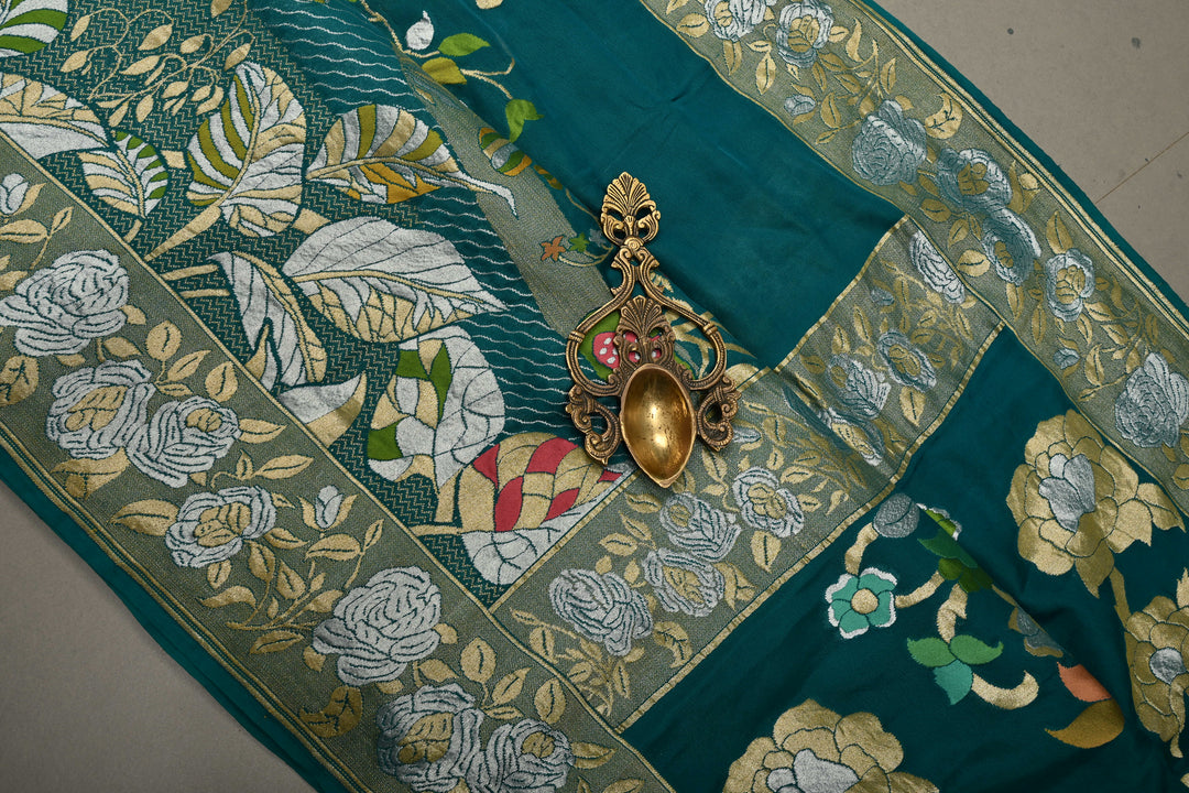 Rama Green Pure Silk Banarasi Georgette Saree with Meenakari Tree Of Life Brocade and Zari Border | SILK MARK CERTIFIED | SHOBITAM