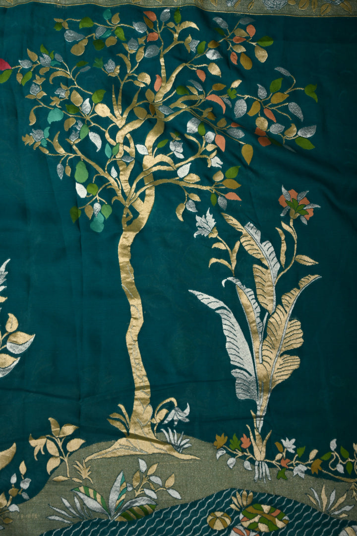 Rama Green Pure Silk Banarasi Georgette Saree with Meenakari Tree Of Life Brocade and Zari Border | SILK MARK CERTIFIED | SHOBITAM
