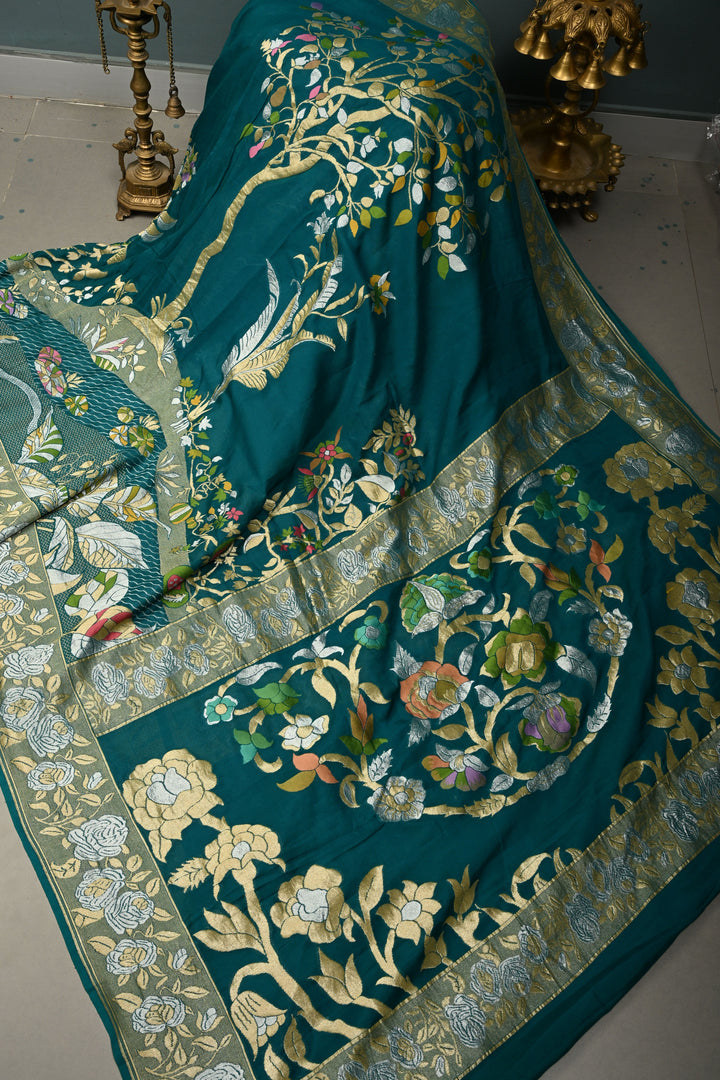 Rama Green Pure Silk Banarasi Georgette Saree with Meenakari Tree Of Life Brocade and Zari Border | SILK MARK CERTIFIED | SHOBITAM