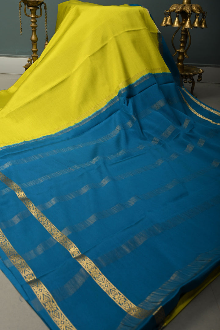 Chartreuse Mysore Silk Saree with Contrast Rettaipet Zari Borders | SILK MARK CERTIFIED | SHOBITAM