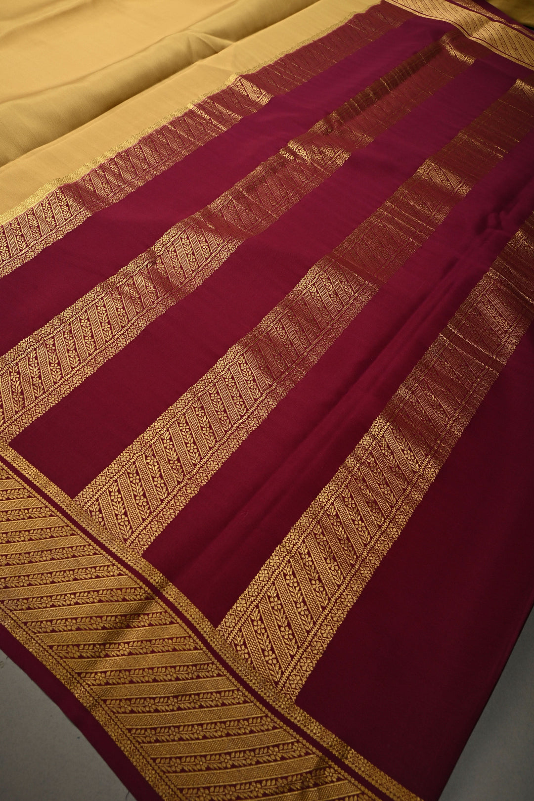 Dark Beige Mysore Silk Saree with Contrast Ornated Zari Borders  | SILK MARK CERTIFIED | SHOBITAM