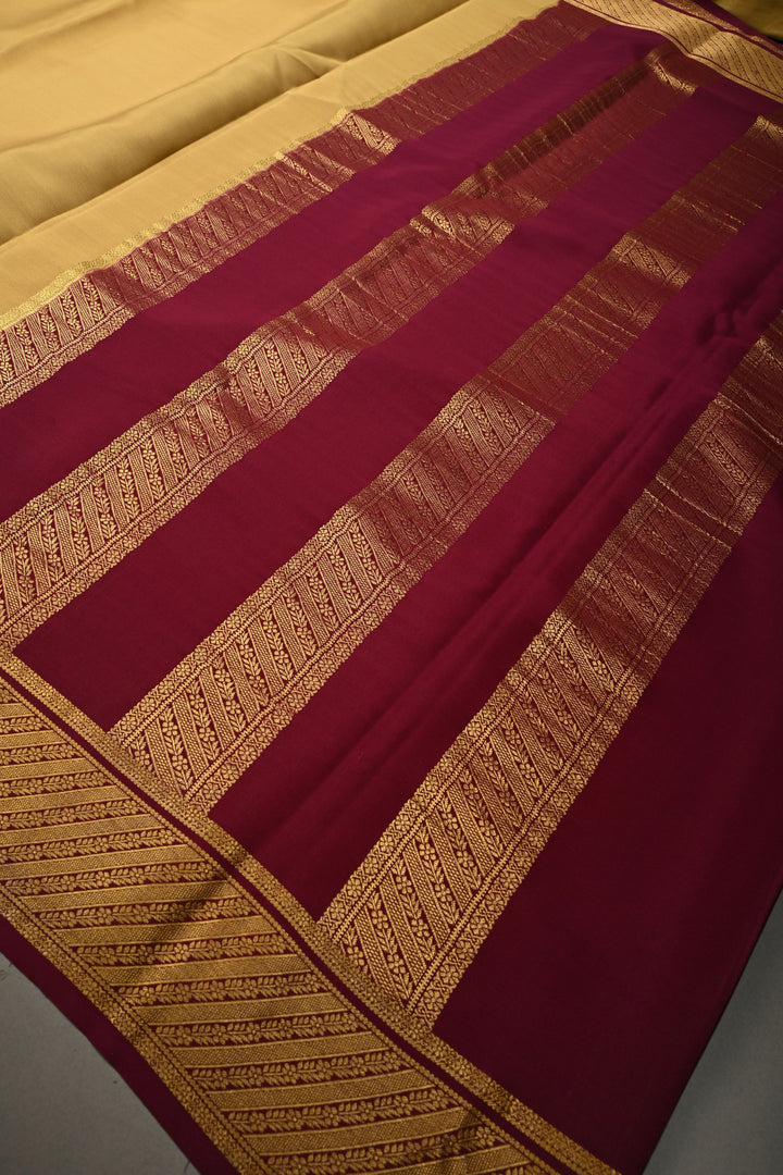 Dark Beige Mysore Silk Saree with Contrast Ornated Zari Borders  | SILK MARK CERTIFIED | SHOBITAM