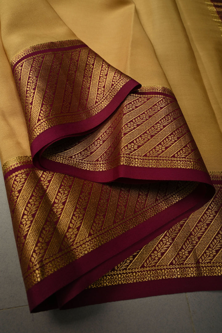 Dark Beige Mysore Silk Saree with Contrast Ornated Zari Borders  | SILK MARK CERTIFIED | SHOBITAM