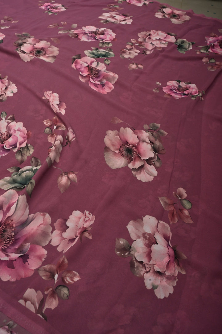 Onion Pink Georgette Saree with Blossom Floral Digital Print, No Blouse Piece