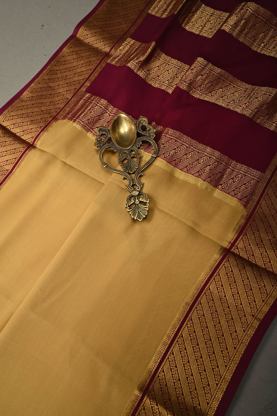 Dark Beige Mysore Silk Saree with Contrast Ornated Zari Borders  | SILK MARK CERTIFIED | SHOBITAM