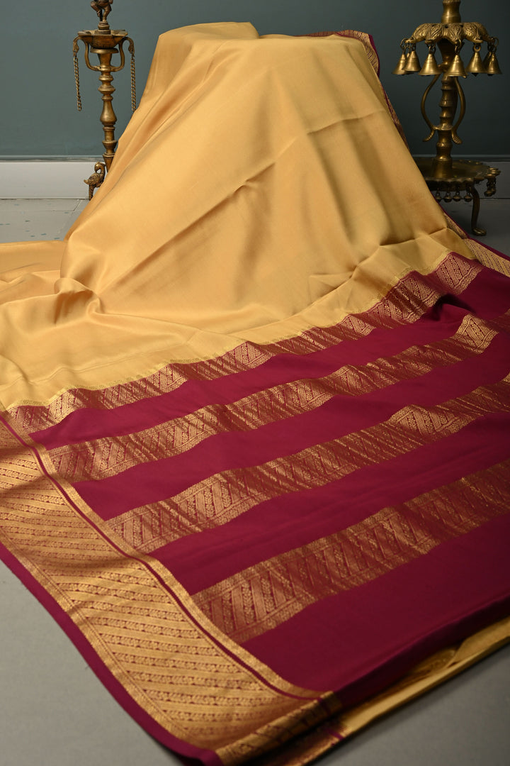 Dark Beige Mysore Silk Saree with Contrast Ornated Zari Borders  | SILK MARK CERTIFIED | SHOBITAM