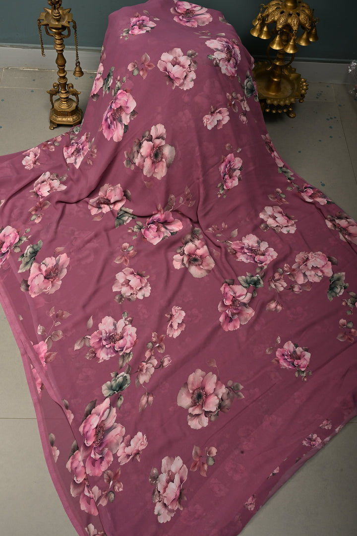 Onion Pink Georgette Saree with Blossom Floral Digital Print, No Blouse Piece