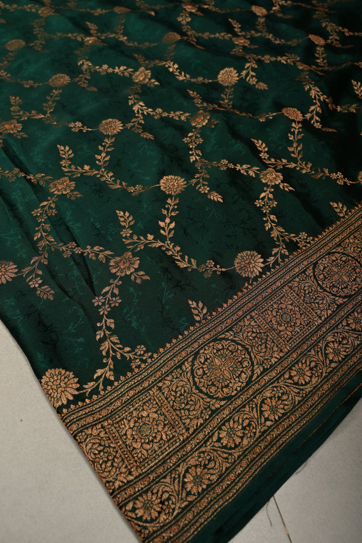 Hunter Green Mysore Silk Saree with Antique Zari-Self Floral Jaal and Zari Border in KSIC Grade Thickness | SILK MARK CERTIFIED | SHOBITAM