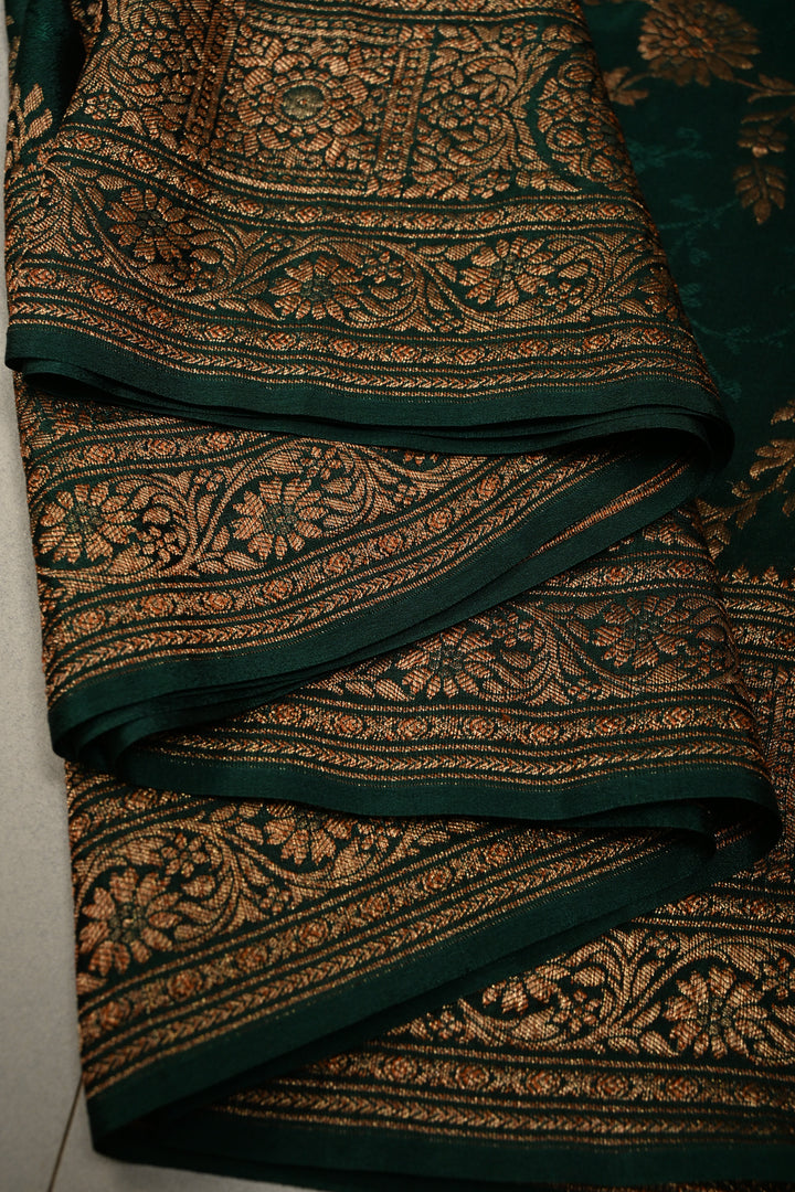 Hunter Green Mysore Silk Saree with Antique Zari-Self Floral Jaal and Zari Border in KSIC Grade Thickness | SILK MARK CERTIFIED | SHOBITAM
